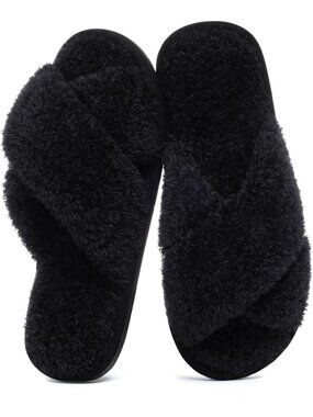 Women's Black Velvet Fuzzy Cross Band Memory Foam Open Toe Soft Slipper Shoes